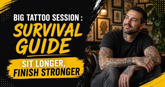 Big tattoo session survival guide, relaxed client sitting through a long tattoo session with TN100 tattoo numbing cream by Tattoo Numbing Australia